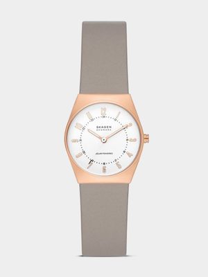 Skagen Women's Grenen Lille Solar Powered Stainless Steel and Grey Leather Watch