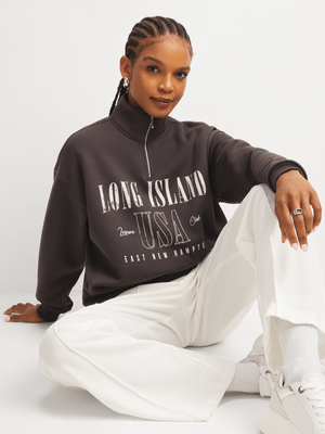 Exact Women's Grey Quarter Zip Graphic Sweat Top