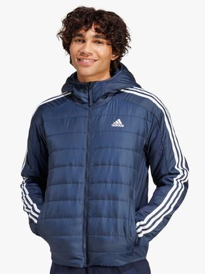 adidas Mens Essentials 3-stripes Navy Hybrid Hooded Jacket