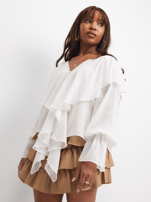 The FIX Women's White Chiffon Ruffle Flared Blouse With Frills