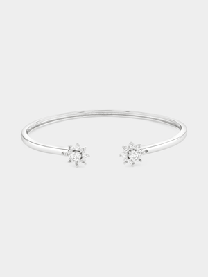 Sterling Silver White Sapphire Flower Open Bangle