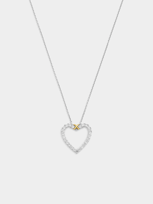 Yellow Gold & Sterling Silver White Sapphire Kiss Open Heart Pendant