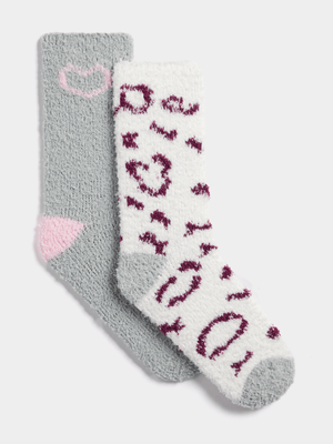 Jet Women's Grey.White 2 Pack Fluffy Socks