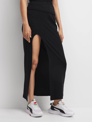Redbat Women's Rib Panel Cut Out Slit Maxi Black Skirt