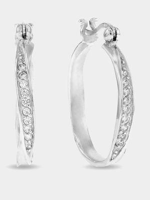 Sterling Silver Cubic Zirconia Pave Twisted Hoop Earrings