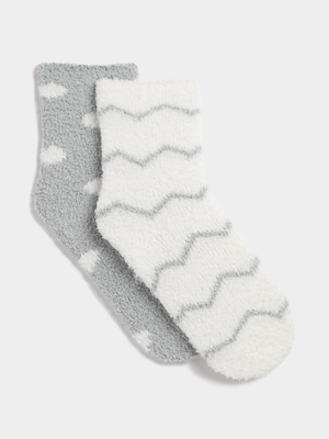 Jet Women's Grey/Cream 2 Pack Fluffy Socks