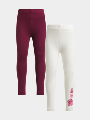 Jet Younger Girls Burgndy/Cream 2 Pack Leggings