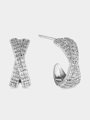 Sterling Silver Cubic Zirconia Crossover Hoop Earrings