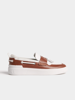 Fabiani Men's White/Tan Leather Apron Tassel Loafer