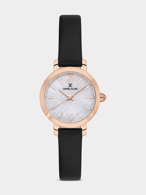 Daniel Klein Rose Plated Mother Of Pearl Dial Black Leather Watch